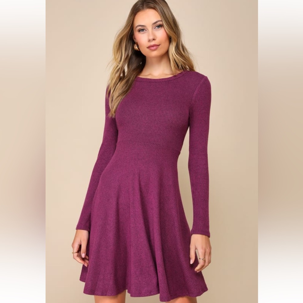 Fit & Flare Mauve Purple Ribbed Knit Long Sleeve Skater Dress size small 💜